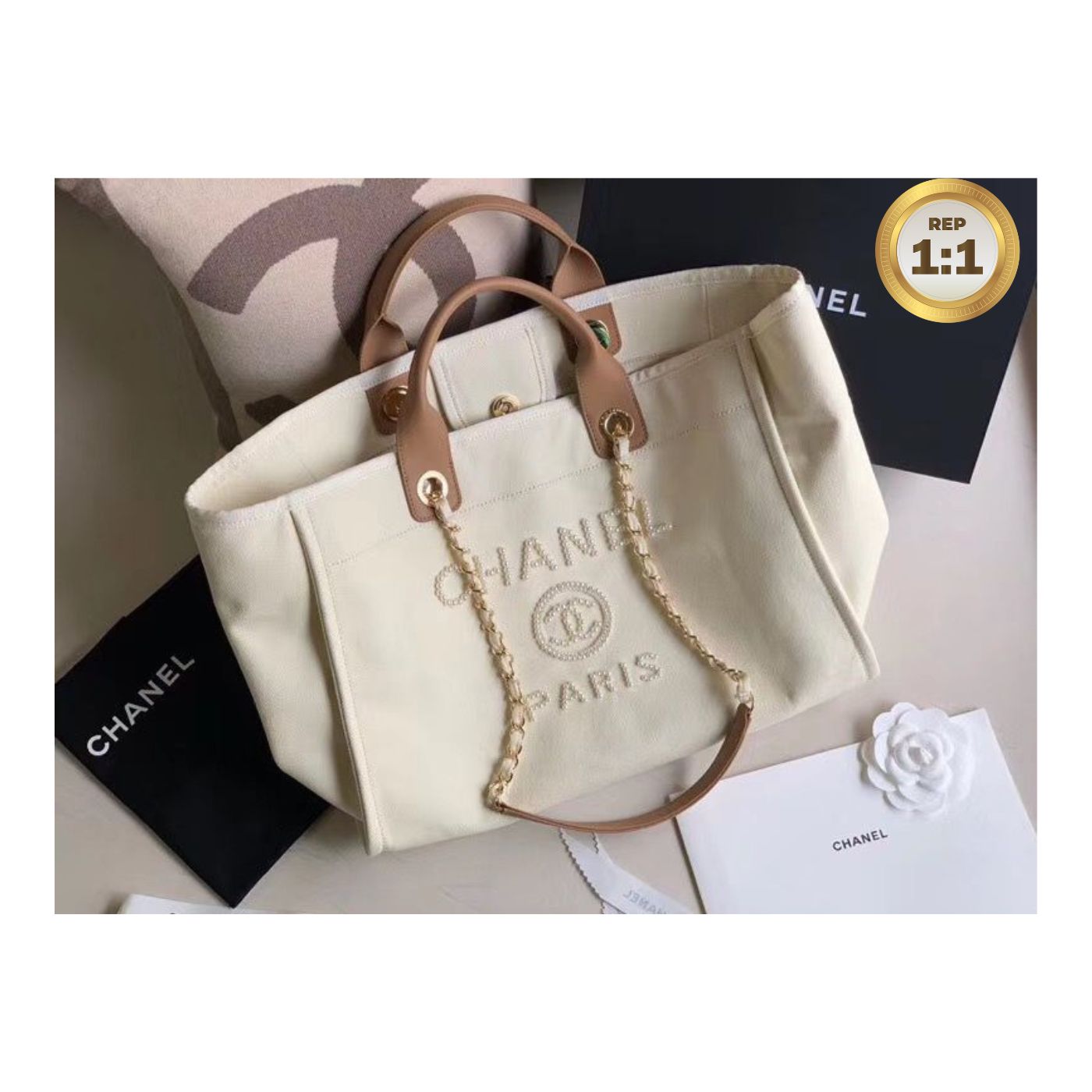 [REP 1:1] Chanel Large Deauville Pearl Tote Bag White For Women 15in/38cm